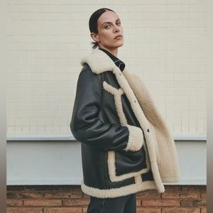 MANGO Faux Leather and Faux Shearling Winter Coat // Black and Cream
